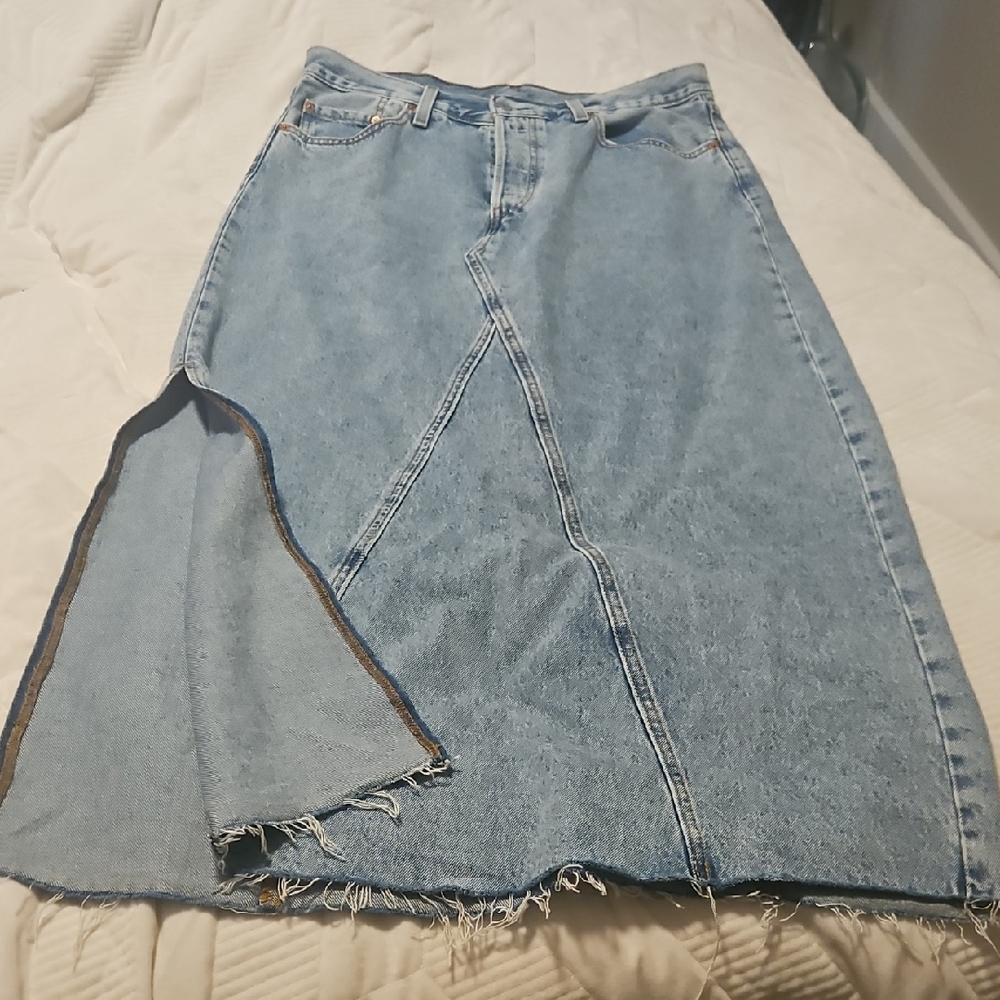 Light Wash Denim Midi Skirt with Front Slit